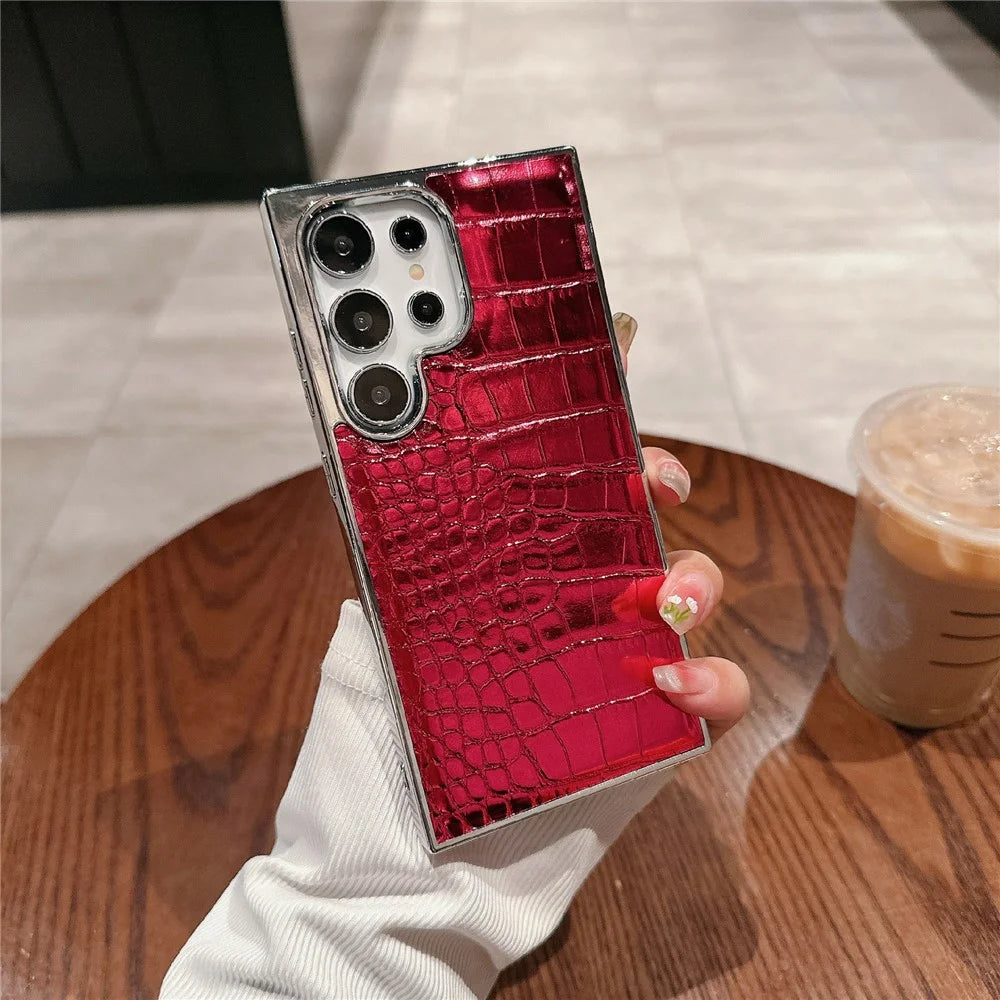 For Samsung Galaxy S25 Ultra Case Electroplated Crocodile Texture Shockproof Leather Back Cover - Red - 1