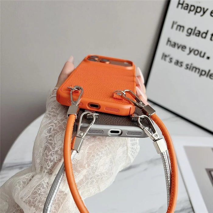 For iPhone 17 Pro Case Metal Paint Litchi Texture PU Leather Phone Back Cover with Wrist Strap - Orange - 4