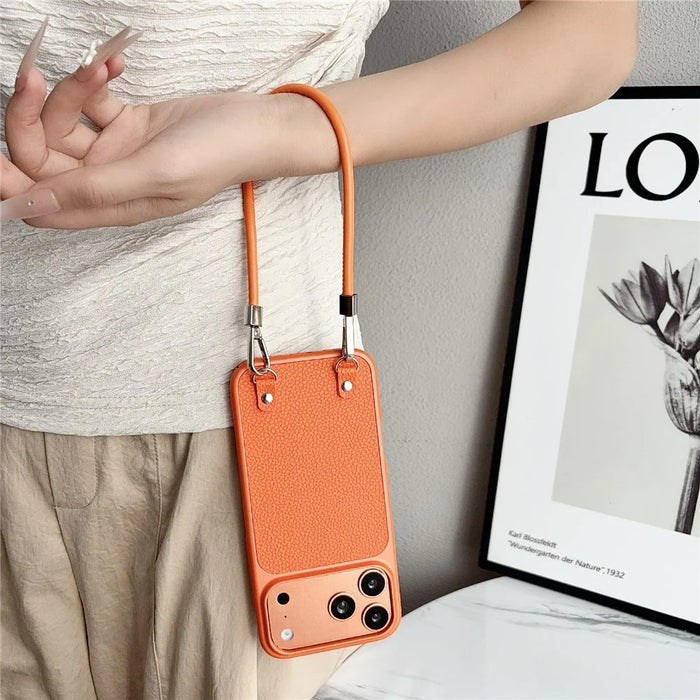 For iPhone 17 Pro Case Metal Paint Litchi Texture PU Leather Phone Back Cover with Wrist Strap - Orange - 6