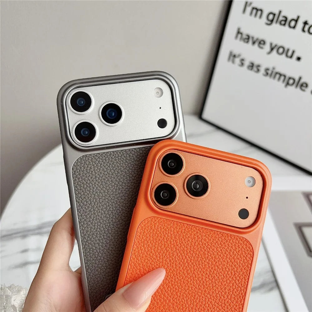 For iPhone 17 Pro Max Case Metal Paint Litchi Texture PU Leather Phone Back Cover with Wrist Strap - Orange - 2