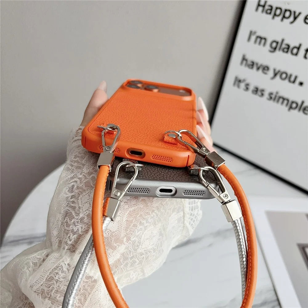 For iPhone 17 Pro Max Case Metal Paint Litchi Texture PU Leather Phone Back Cover with Wrist Strap - Orange - 4
