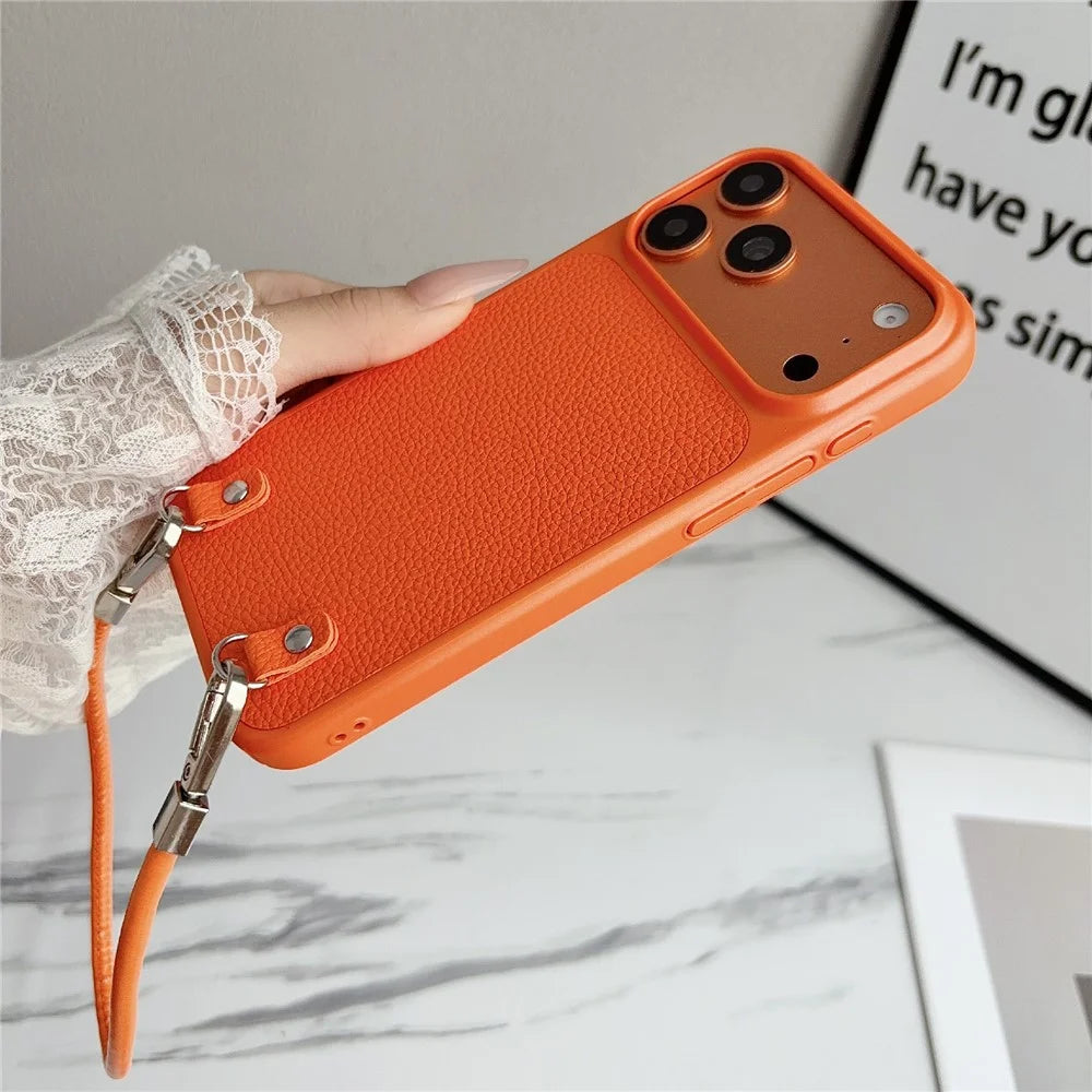 For iPhone 17 Pro Max Case Metal Paint Litchi Texture PU Leather Phone Back Cover with Wrist Strap - Orange - 5