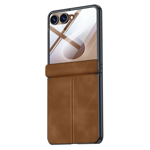 For Samsung Galaxy Z Flip8 Case Hinge Protection Leather + PC Phone Cover with HD Clear Tempered Glass Film - Brown - 1