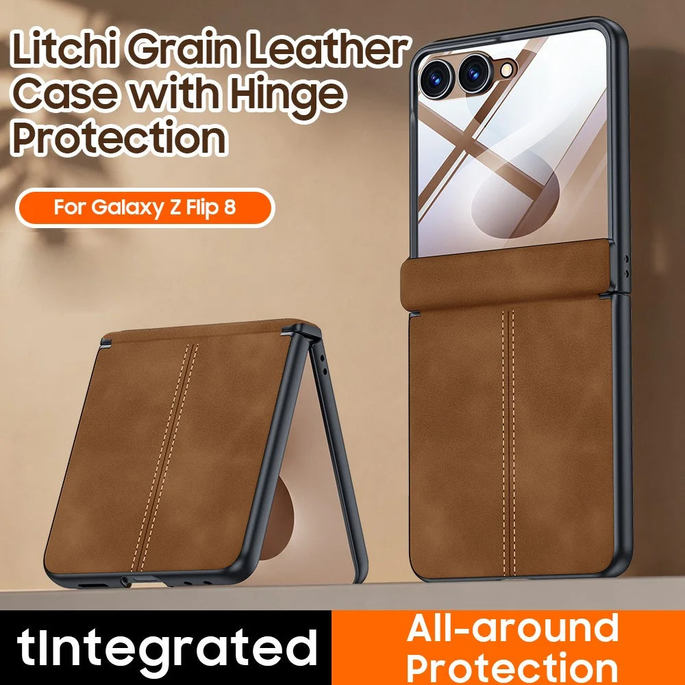 For Samsung Galaxy Z Flip8 Case Hinge Protection Leather + PC Phone Cover with HD Clear Tempered Glass Film - Brown - 2