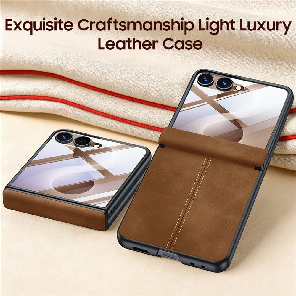 For Samsung Galaxy Z Flip8 Case Hinge Protection Leather + PC Phone Cover with HD Clear Tempered Glass Film - Brown - 3