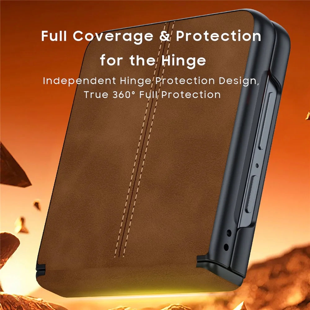 For Samsung Galaxy Z Flip8 Case Hinge Protection Leather + PC Phone Cover with HD Clear Tempered Glass Film - Brown - 4