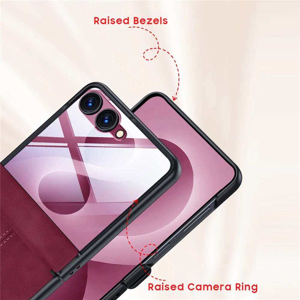 For Samsung Galaxy Z Flip8 Case Hinge Protection Leather + PC Phone Cover with HD Clear Tempered Glass Film - Brown - 6