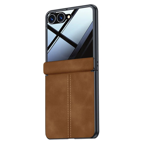 For Samsung Galaxy Z Flip8 Case Hinge Protection Leather + PC Phone Cover with Privacy Tempered Glass Film - Brown - 1
