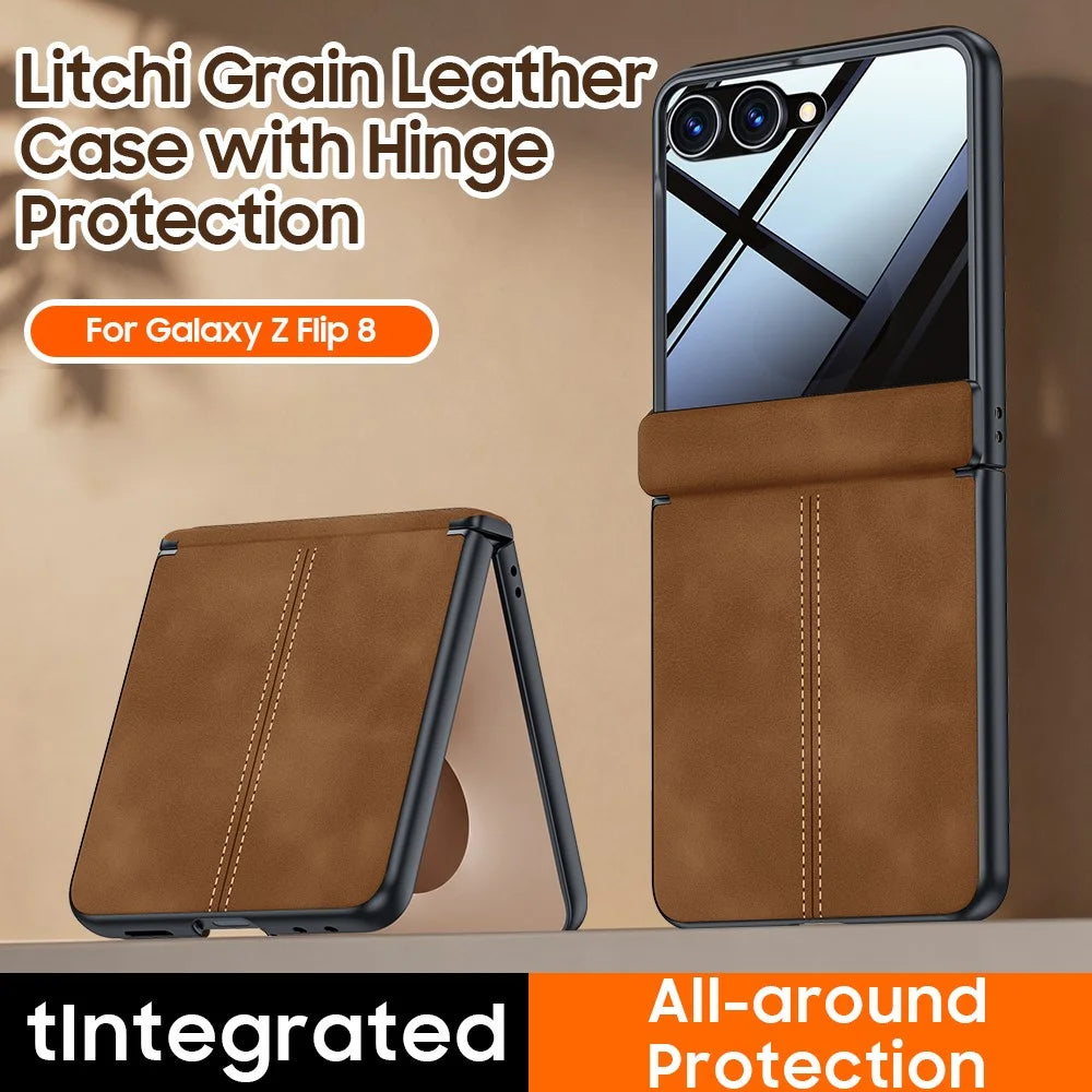 For Samsung Galaxy Z Flip8 Case Hinge Protection Leather + PC Phone Cover with Privacy Tempered Glass Film - Brown - 2