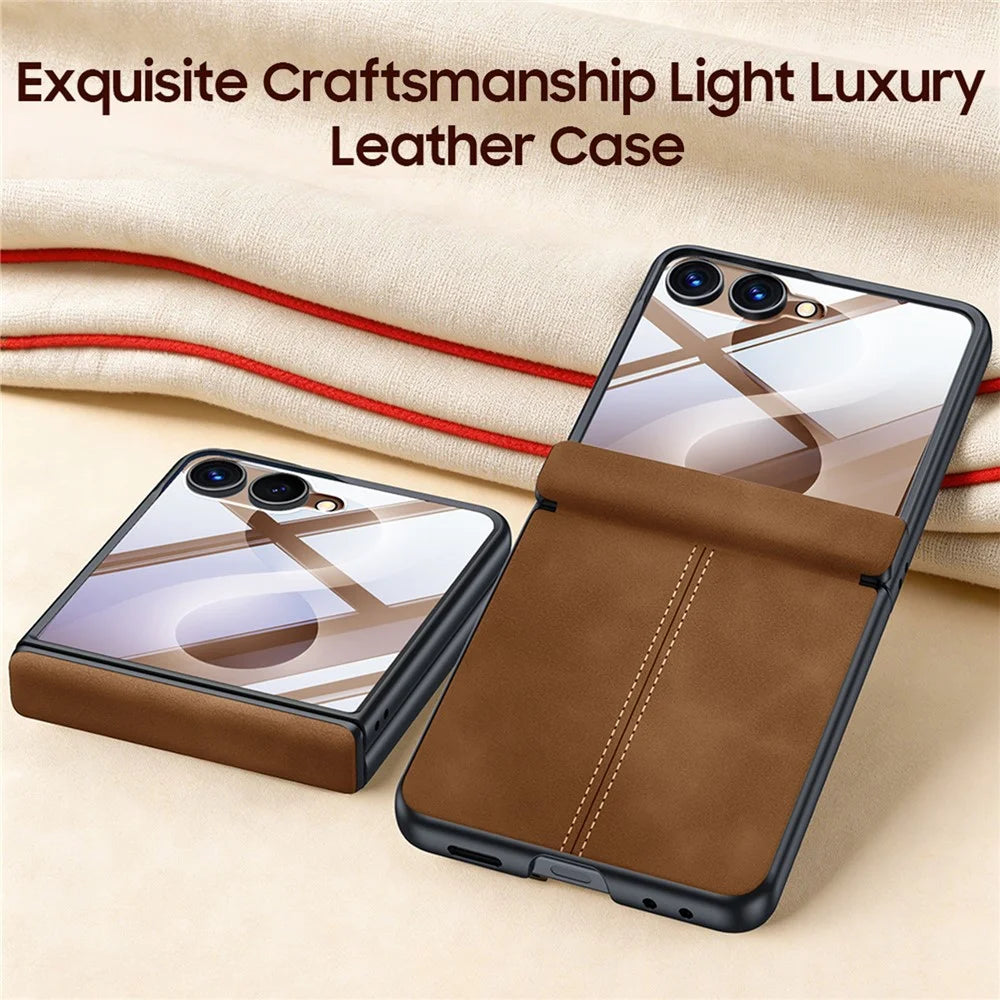 For Samsung Galaxy Z Flip8 Case Hinge Protection Leather + PC Phone Cover with Privacy Tempered Glass Film - Brown - 3