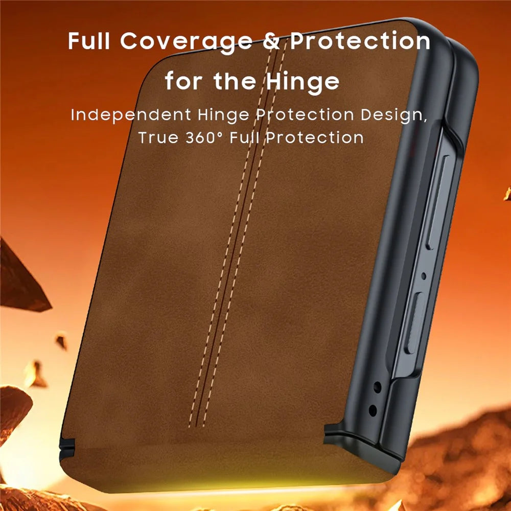 For Samsung Galaxy Z Flip8 Case Hinge Protection Leather + PC Phone Cover with Privacy Tempered Glass Film - Brown - 4