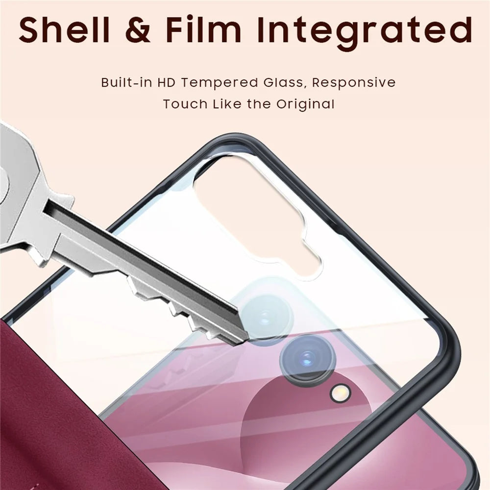 For Samsung Galaxy Z Flip8 Case Hinge Protection Leather + PC Phone Cover with Privacy Tempered Glass Film - Brown - 5