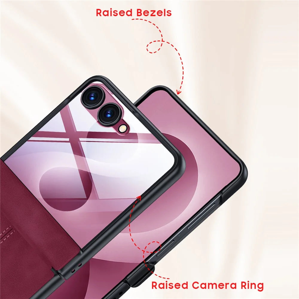 For Samsung Galaxy Z Flip8 Case Hinge Protection Leather + PC Phone Cover with Privacy Tempered Glass Film - Brown - 6