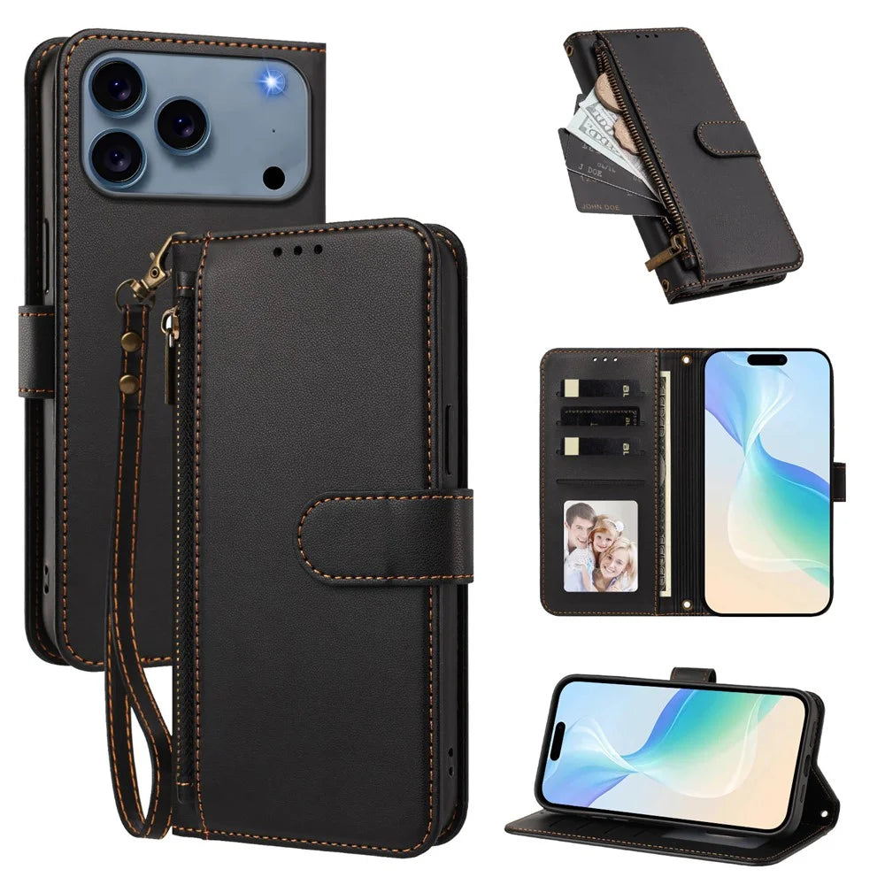 For iPhone 18 Pro Max / 17 Pro Max Case 4 Card Slots Wallet Stand PU Leather Phone Cover with Wrist Strap - Black - 1