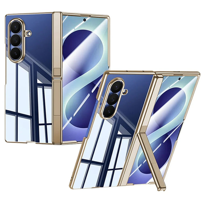 For Samsung Galaxy Z Fold8 Ultra Case with HD Clear Tempered Glass Film , Hinge Kickstand Electroplating PC Phone Cover - Gold - 1