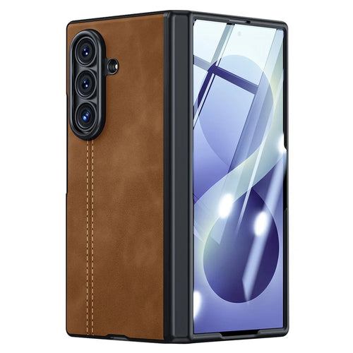 For Samsung Galaxy Z Fold8 Ultra Case Hinge Protection Leather + PC Phone Cover with HD Clear Tempered Glass Film - Brown - 1