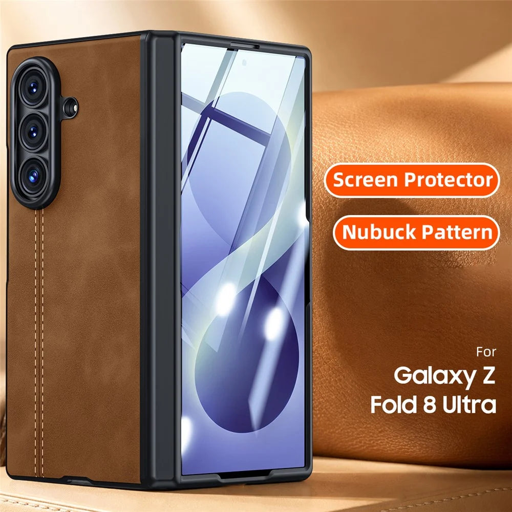 For Samsung Galaxy Z Fold8 Ultra Case Hinge Protection Leather + PC Phone Cover with HD Clear Tempered Glass Film - Brown - 2