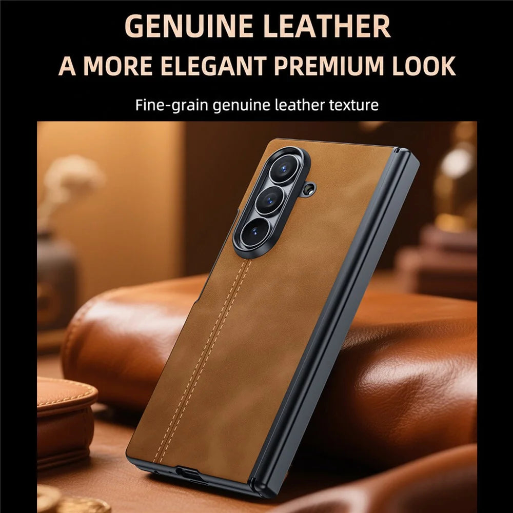 For Samsung Galaxy Z Fold8 Ultra Case Hinge Protection Leather + PC Phone Cover with HD Clear Tempered Glass Film - Brown - 3