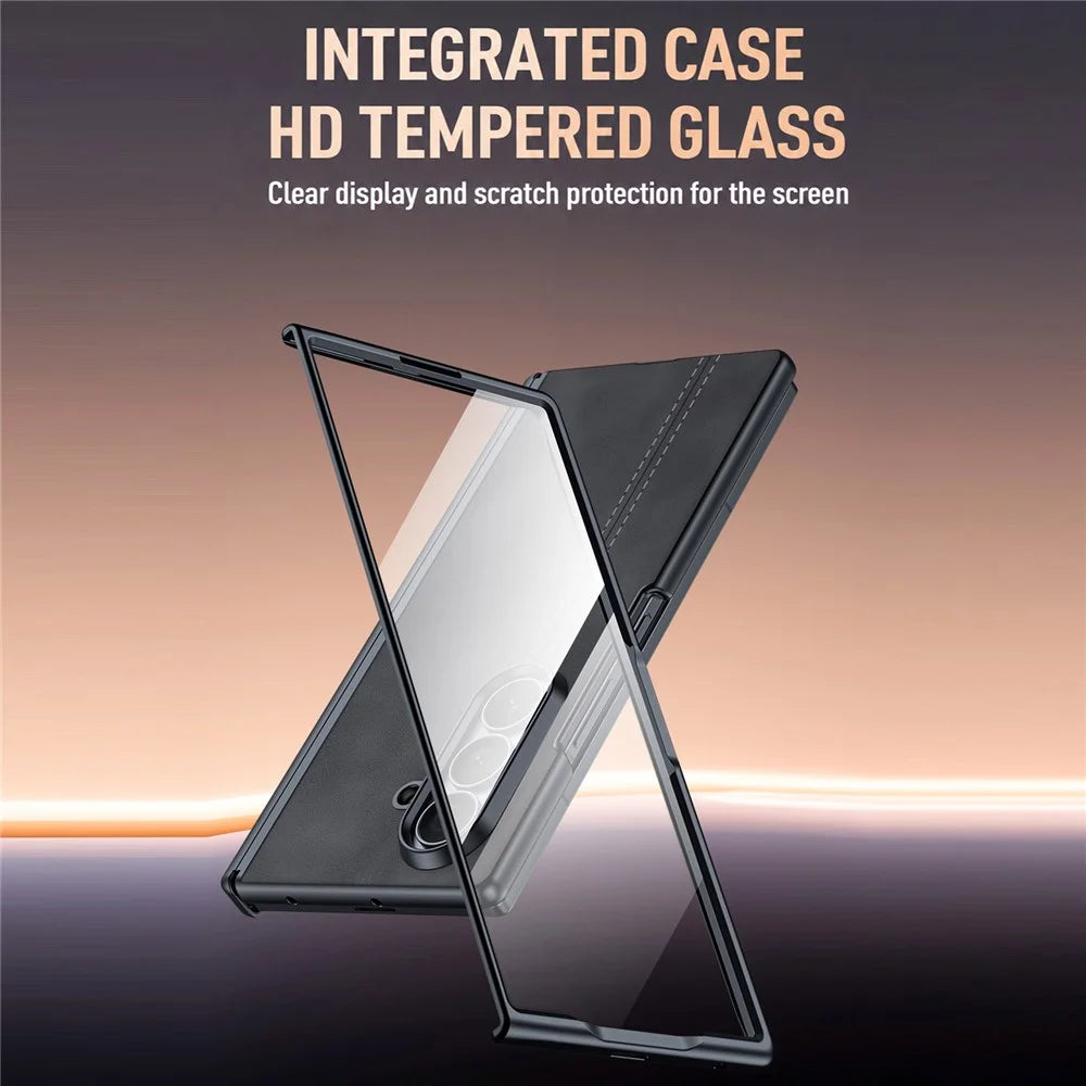 For Samsung Galaxy Z Fold8 Ultra Case Hinge Protection Leather + PC Phone Cover with HD Clear Tempered Glass Film - Brown - 4