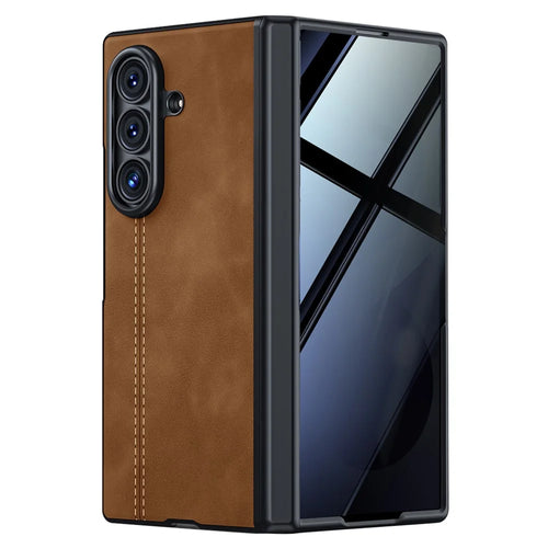 For Samsung Galaxy Z Fold8 Ultra Case Hinge Protection Leather + PC Phone Cover with Privacy Tempered Glass Film - Brown - 1