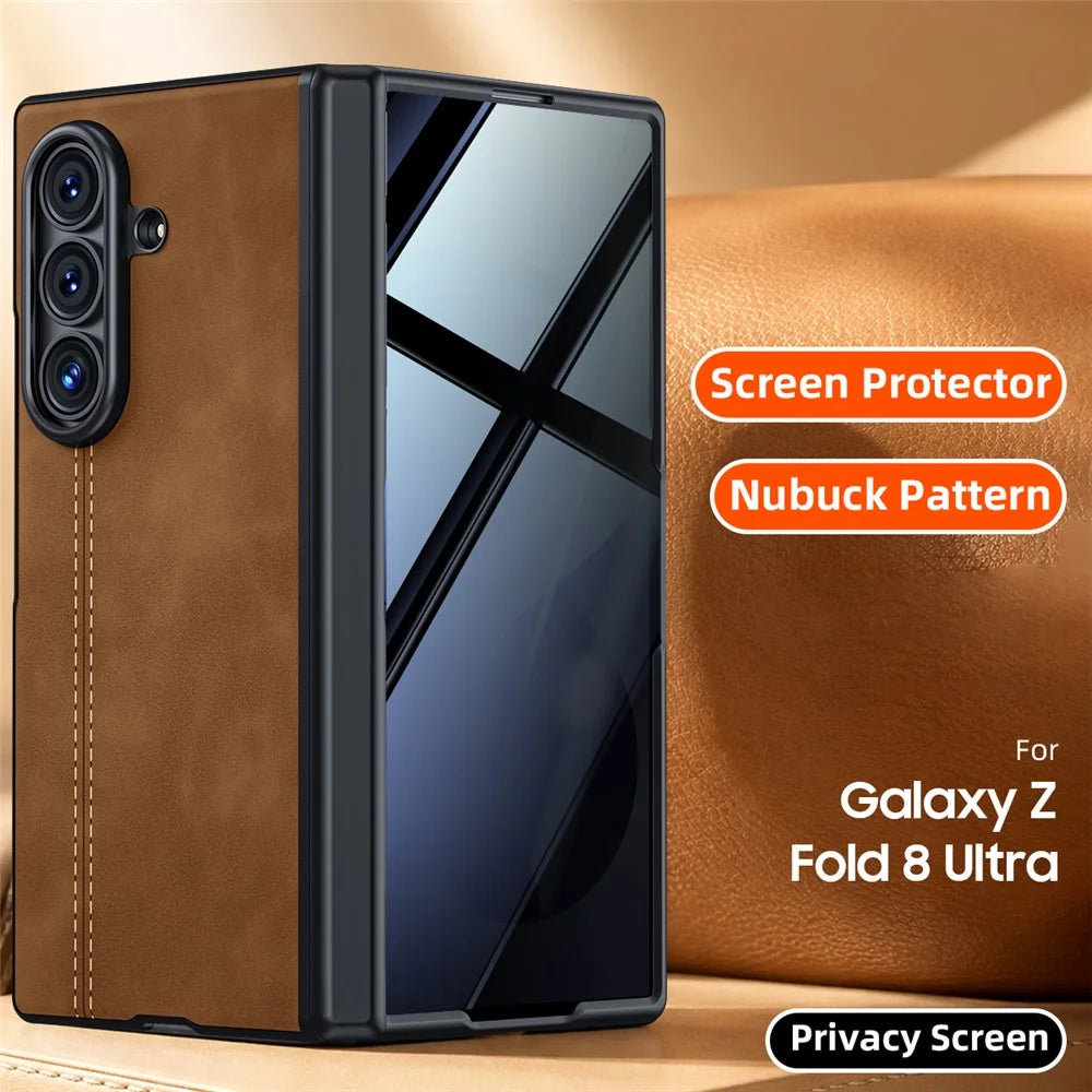 For Samsung Galaxy Z Fold8 Ultra Case Hinge Protection Leather + PC Phone Cover with Privacy Tempered Glass Film - Brown - 2