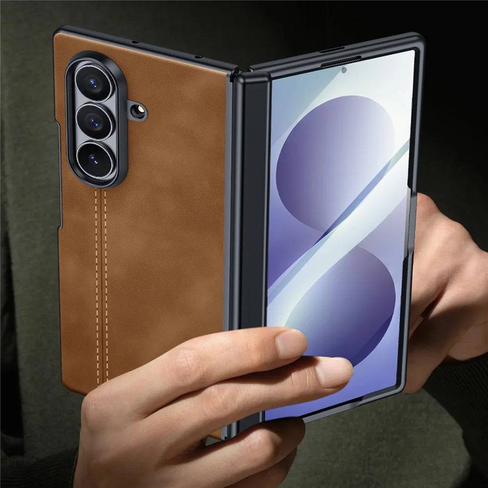 For Samsung Galaxy Z Fold8 Ultra Case Hinge Protection Leather + PC Phone Cover with Privacy Tempered Glass Film - Brown - 7