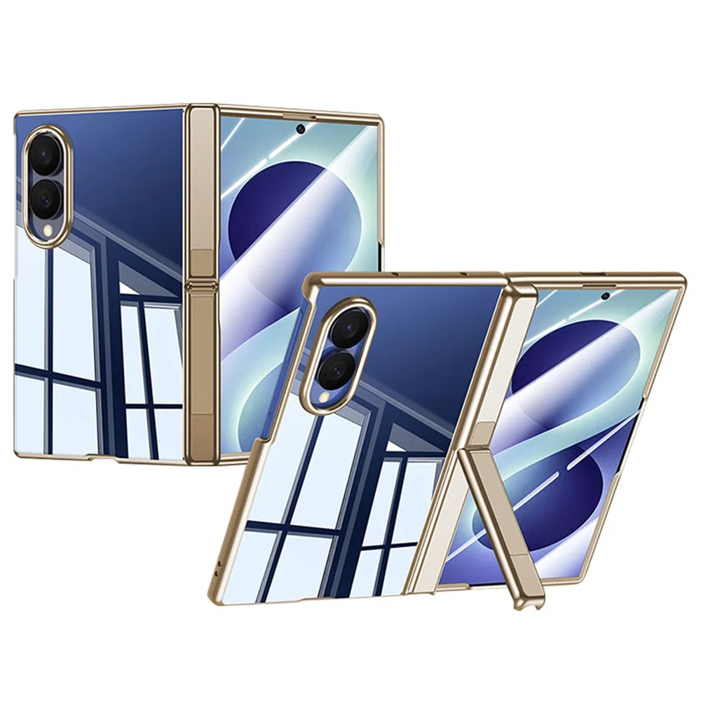 For Samsung Galaxy Z Fold8 Case with HD Clear Tempered Glass Film , Hinge Kickstand Electroplating PC Phone Cover - Gold - 1