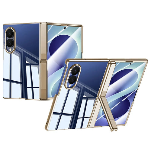 For Samsung Galaxy Z Fold8 Case with HD Clear Tempered Glass Film , Hinge Kickstand Electroplating PC Phone Cover - Gold - 1