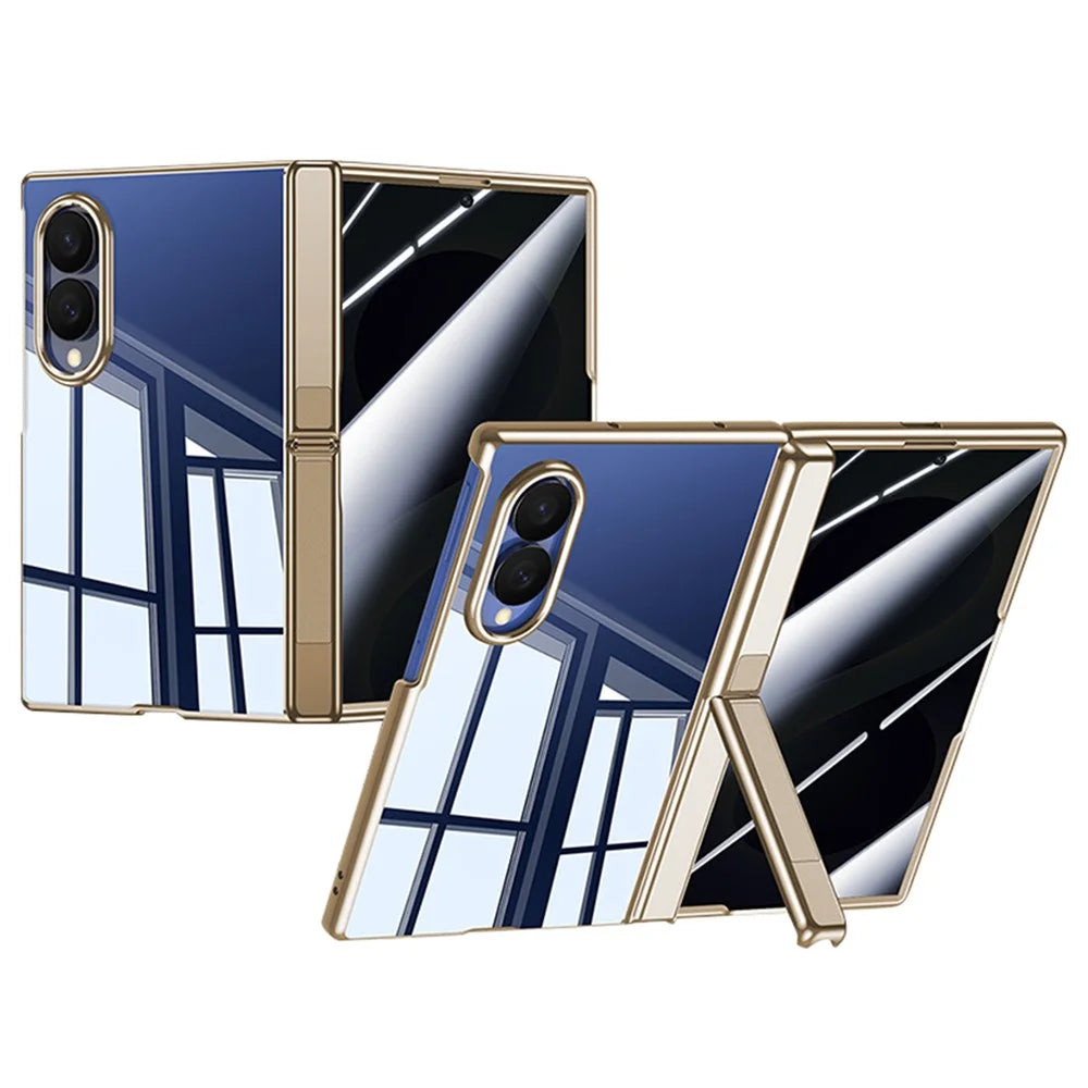 For Samsung Galaxy Z Fold8 Case with Anti-Spy Tempered Glass Film , Hinge Kickstand Electroplating PC Phone Cover - Gold - 1