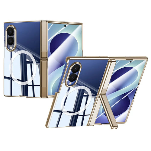 For Samsung Galaxy Z Fold8 Magnetic Case with HD Clear Screen Film , Hinge Kickstand Electroplated PC Phone Cover - Gold - 1