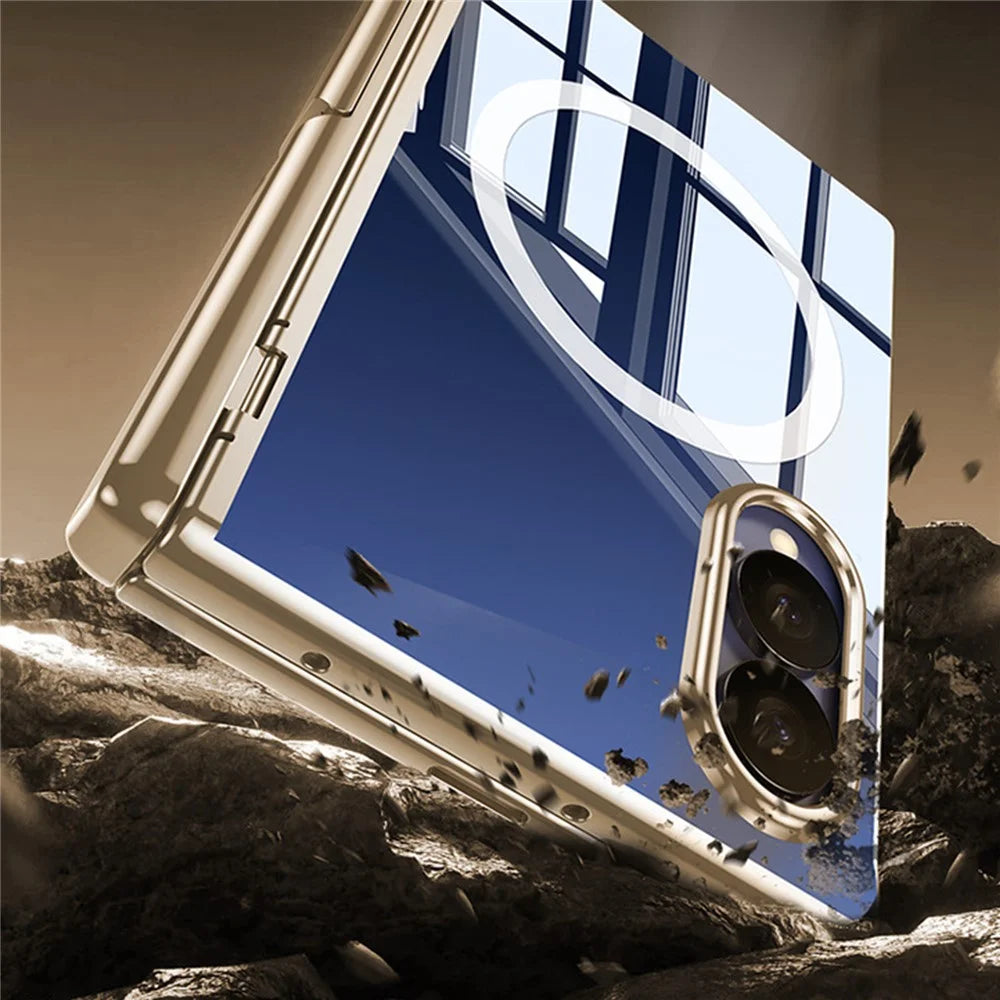 For Samsung Galaxy Z Fold8 Magnetic Case with HD Clear Screen Film , Hinge Kickstand Electroplated PC Phone Cover - Gold - 6