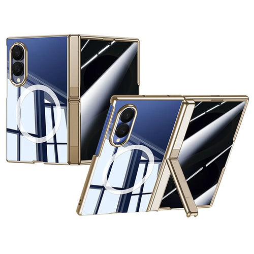 For Samsung Galaxy Z Fold8 Magnetic Case with Anti-Spy Screen Film , Hinge Kickstand Electroplated PC Phone Cover - Gold - 1