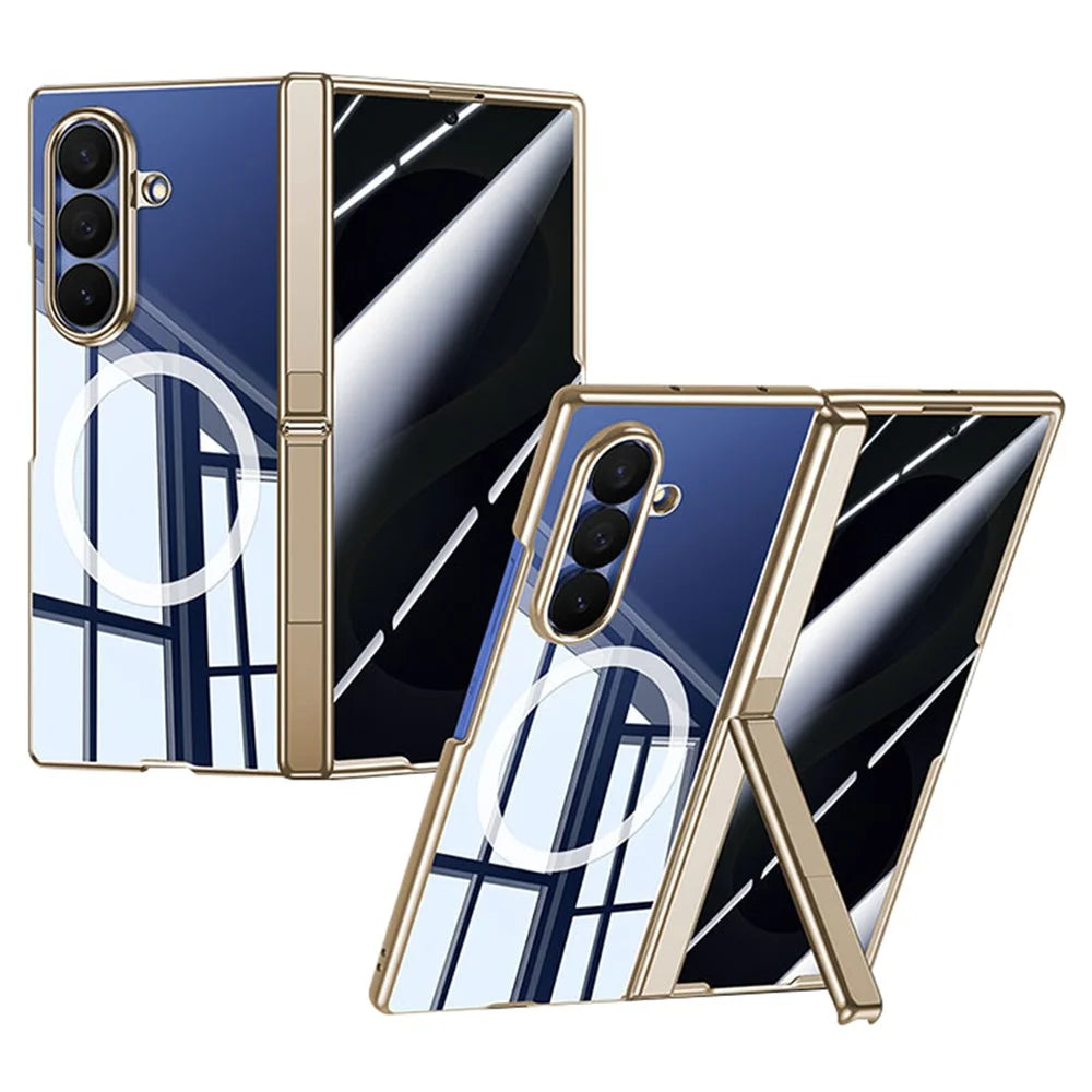 For Samsung Galaxy Z Fold8 Ultra Magnetic Case with Anti-Spy Screen Film , Hinge Kickstand Electroplated PC Phone Cover - Gold - 1