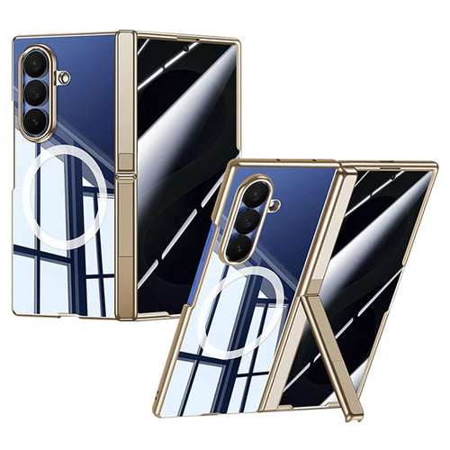 For Samsung Galaxy Z Fold8 Ultra Magnetic Case with Anti-Spy Screen Film , Hinge Kickstand Electroplated PC Phone Cover - Gold - 1