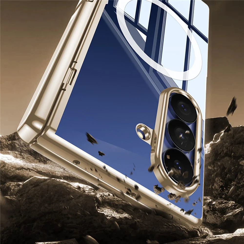 For Samsung Galaxy Z Fold8 Ultra Magnetic Case with Anti-Spy Screen Film , Hinge Kickstand Electroplated PC Phone Cover - Gold - 6