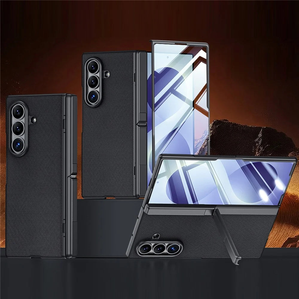 For Samsung Galaxy Z Fold8 Ultra Case Hinge Kickstand Tech Fabric Phone Back Cover with HD Clear Tempered Glass Film - Black - 1