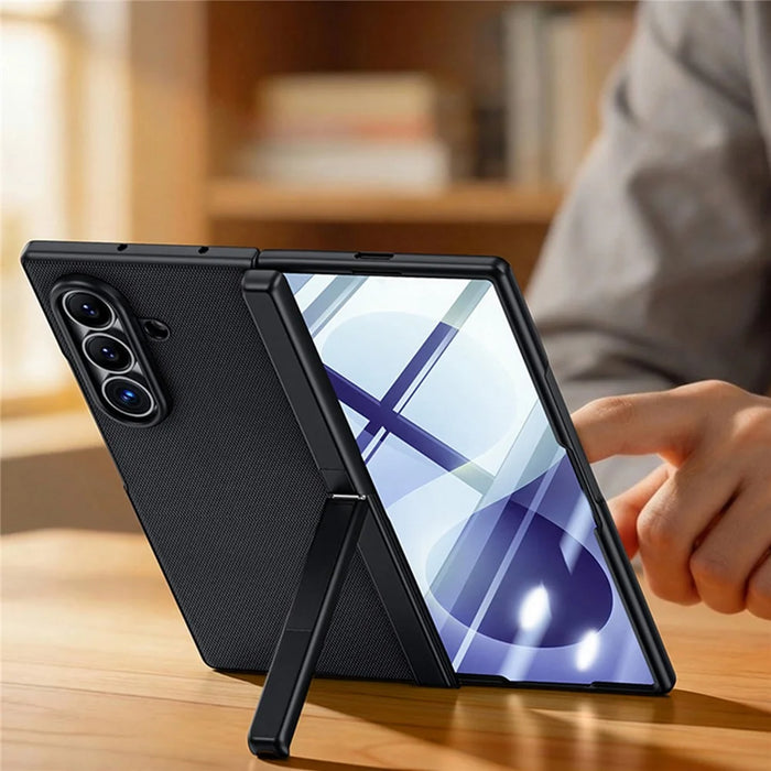 For Samsung Galaxy Z Fold8 Ultra Case Hinge Kickstand Tech Fabric Phone Back Cover with Privacy Tempered Glass Film - Blue - 6
