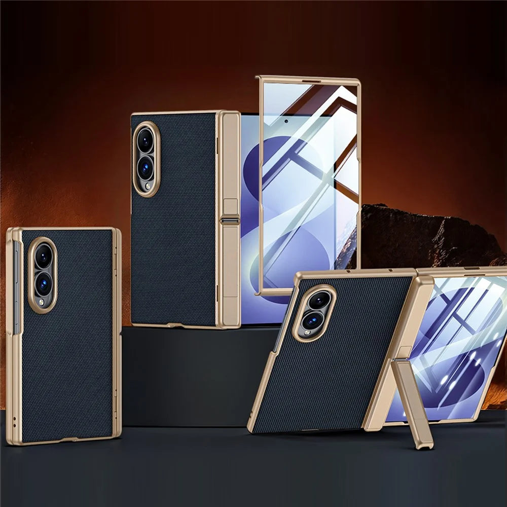 For Samsung Galaxy Z Fold8 Case Hinge Kickstand Tech Fabric Phone Back Cover with HD Clear Tempered Glass Film - Black - 1