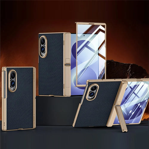 For Samsung Galaxy Z Fold8 Case Hinge Kickstand Tech Fabric Phone Back Cover with HD Clear Tempered Glass Film - Black - 1