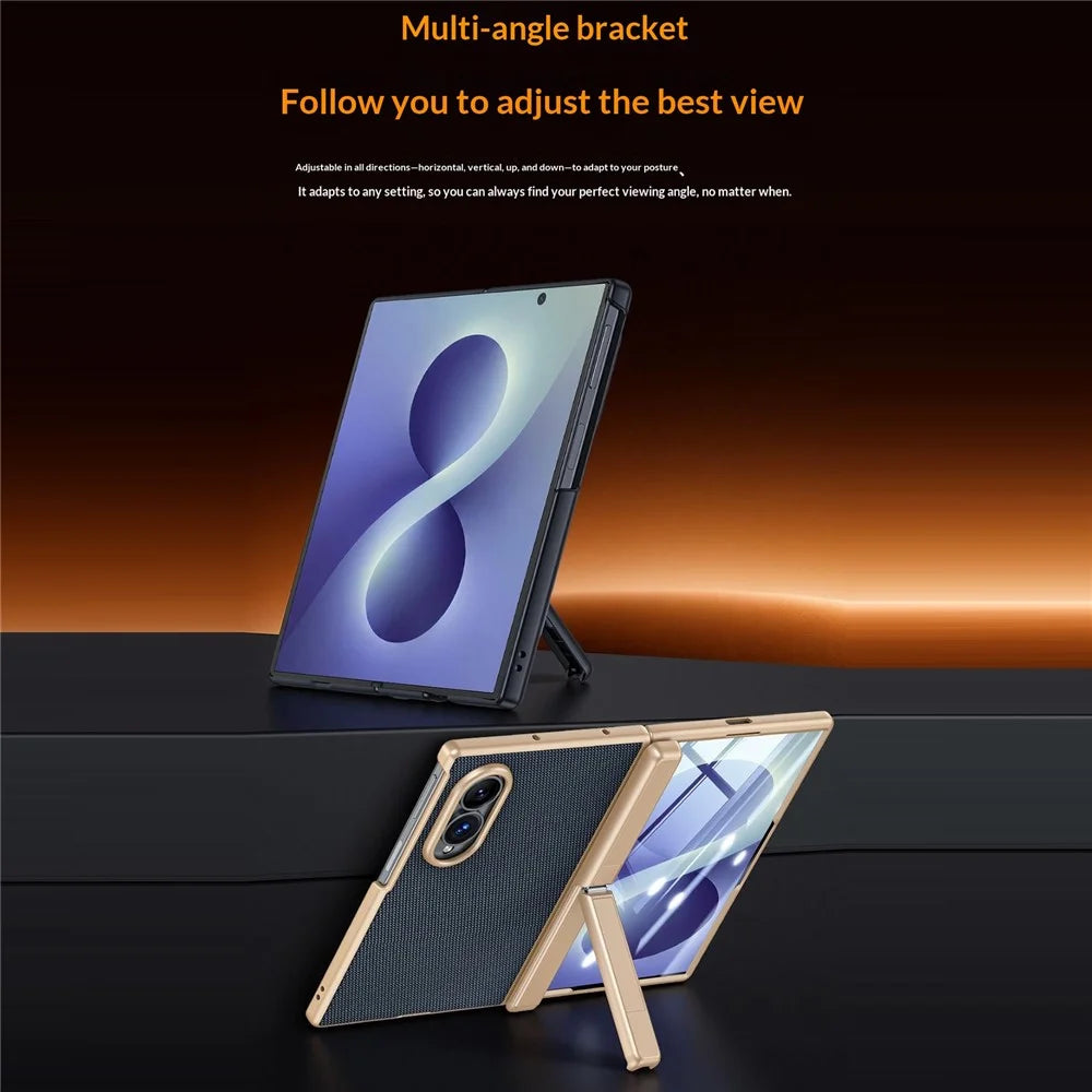 For Samsung Galaxy Z Fold8 Case Hinge Kickstand Tech Fabric Phone Back Cover with HD Clear Tempered Glass Film - Black - 2