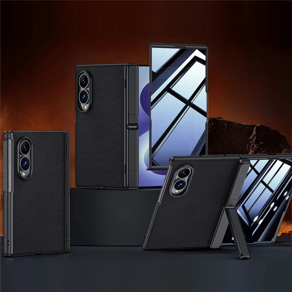 For Samsung Galaxy Z Fold8 Case Hinge Kickstand Tech Fabric Phone Back Cover with Privacy Tempered Glass Film - Black - 1