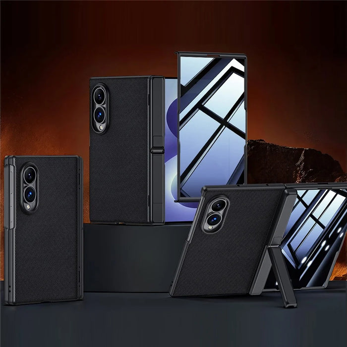 For Samsung Galaxy Z Fold8 Case Hinge Kickstand Tech Fabric Phone Back Cover with Privacy Tempered Glass Film - Black - 1