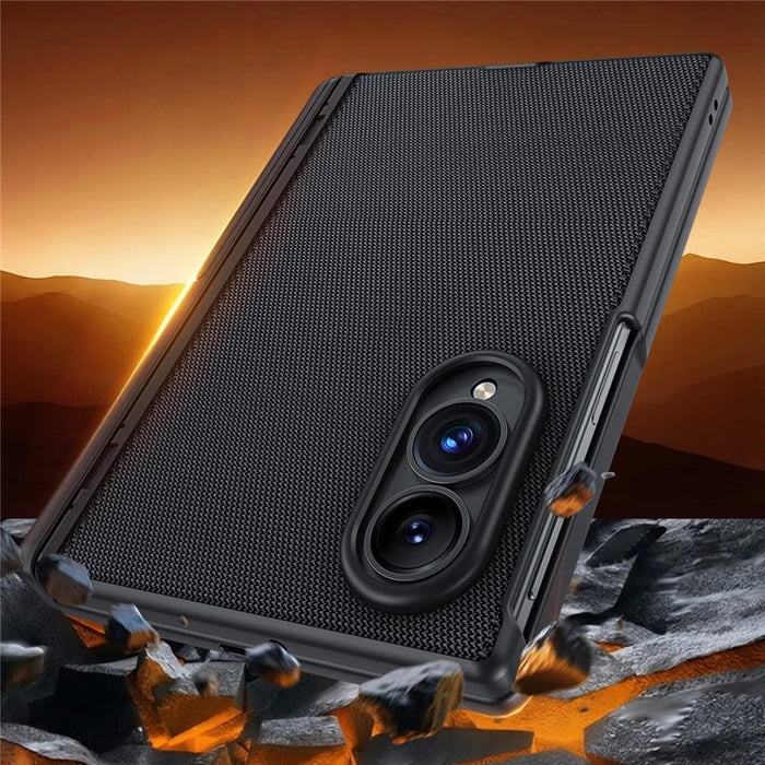 For Samsung Galaxy Z Fold8 Case Hinge Kickstand Tech Fabric Phone Back Cover with Privacy Tempered Glass Film - Black - 5