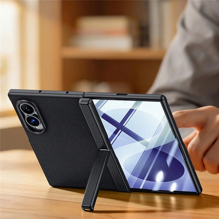 For Samsung Galaxy Z Fold8 Case Hinge Kickstand Tech Fabric Phone Back Cover with Privacy Tempered Glass Film - Black - 6