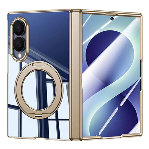 For Samsung Galaxy Z Fold8 Case with HD Clear Screen Film , Magnetic Rotating Kickstand Electroplating PC Phone Cover - Gold - 1
