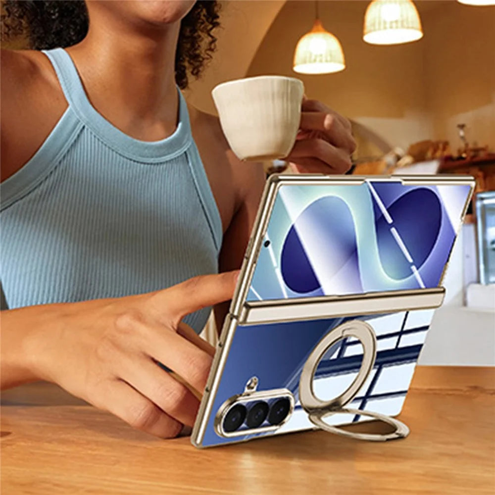 For Samsung Galaxy Z Fold8 Ultra Case with HD Clear Screen Film , Magnetic Rotating Kickstand Electroplating PC Phone Cover - Gold - 6