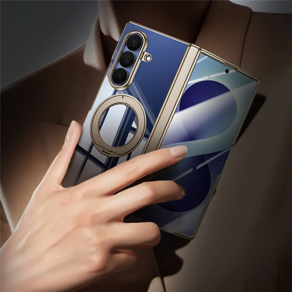 For Samsung Galaxy Z Fold8 Ultra Case with Anti-Spy Screen Film , Magnetic Rotating Kickstand Electroplating PC Phone Cover - Gold - 7