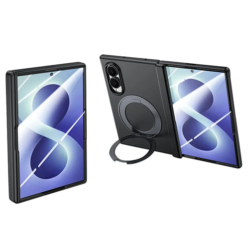 For Samsung Galaxy Z Fold8 Case Magnetic Rotating Kickstand Hard PC Phone Cover with HD Clear Tempered Glass Film - Black - 1