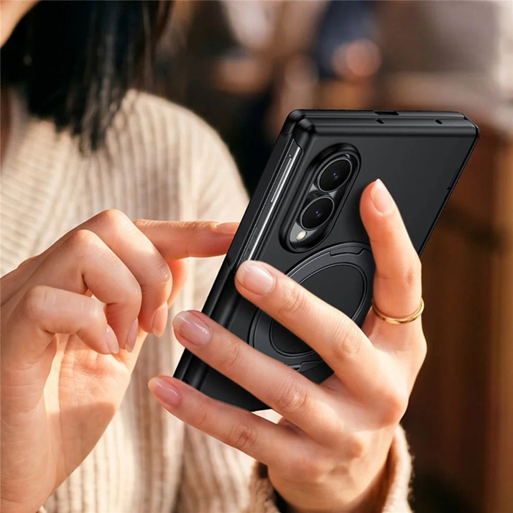 For Samsung Galaxy Z Fold8 Case Magnetic Rotating Kickstand Hard PC Phone Cover with HD Clear Tempered Glass Film - Black - 5