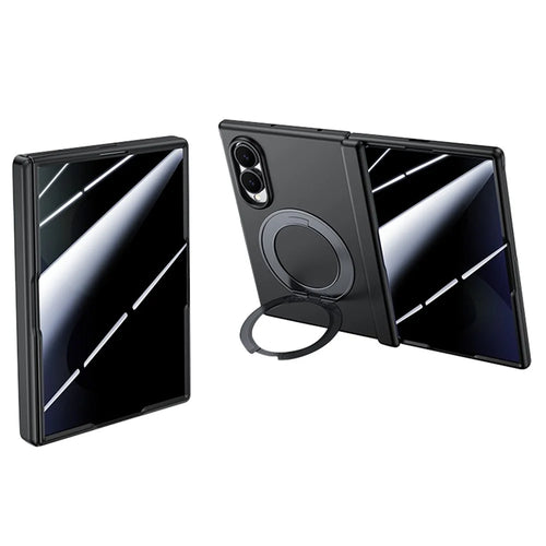 For Samsung Galaxy Z Fold8 Case Magnetic Rotating Kickstand Skin-touch PC Phone Cover with Privacy Tempered Glass Film - Black - 1